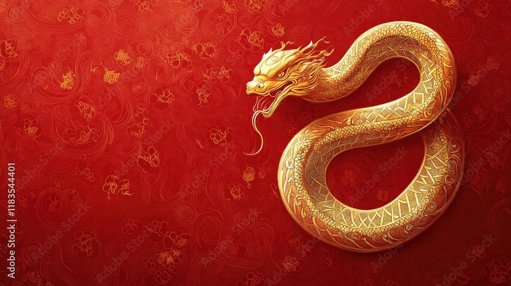 Obraz premium Elegant Chinese New Year wallpaper featuring a golden snake zodiac symbol with intricate patterns on a rich red background.