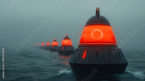 Highly trained and technologically advanced offshore maritime surveillance team monitoring shipping traffic and illegal activities in a sleek and futuristic cyberpunk inspired coastal setting at photo