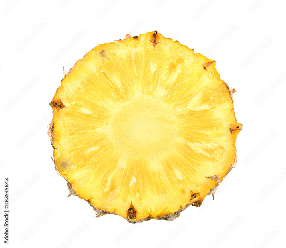 Front view of juicy pineapple slice isolated on white background. Clipping path. Front view of juicy pineapple slice isolated on white background. Clipping path.