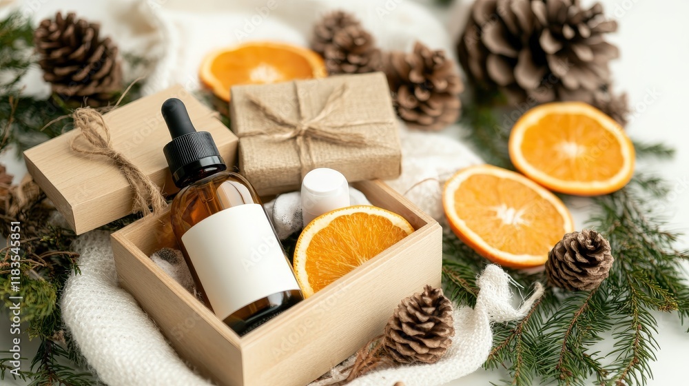 Holiday Gift Box with Essential Oils and Oranges Cozy Indoor Setting Lifestyle Photography Holiday Gift Box with Essential Oils and Oranges Cozy Indoor Setting Lifestyle Photography