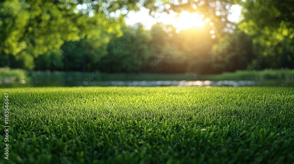 Lush green grass in a park at sunset, near a lake. Lush green grass in a park at sunset, near a lake.