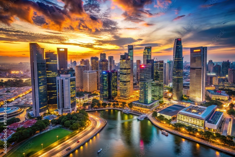 Fototapeta premium Aerial bokeh captures Singapore's dazzling skyline at sunset, skyscrapers glowing against the darkening cityscape.