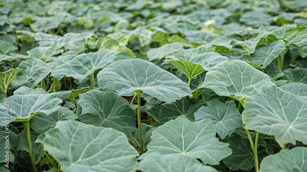 Lush green pumpkin plants growing in a field, background blurred for texture. Lush green pumpkin plants growing in a field, background blurred for texture.