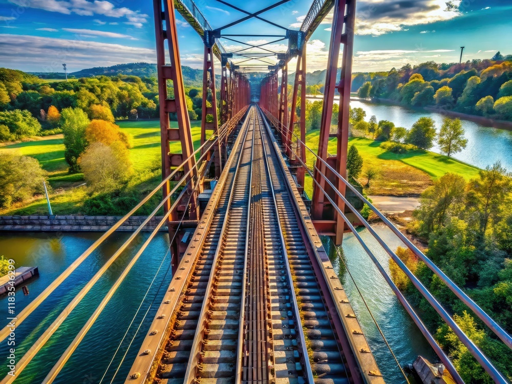 Aerial view reveals crucial safety infrastructure: grounded railway bridge with metal railings protecting against high voltage. Aerial view reveals crucial safety infrastructure: grounded railway bridge with metal railings protecting against high voltage.