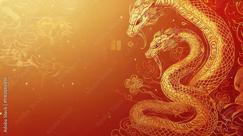 Golden gradient background with a stylized snake pattern, Chinese knots, and zodiac symbols for the Year of the Snake 2025. Golden gradient background with a stylized snake pattern, Chinese knots, and zodiac symbols for the Year of the Snake 2025.