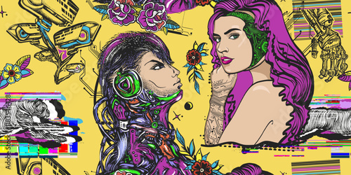 Cyberpunk. Seamless pattern. Cyborg, robot girl, web camera, glitch style. Old school tattoo art. Dark future style
