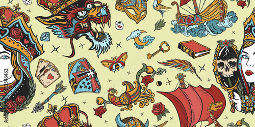 Fairy tales seamless pattern. Queen in the golden crown, dragon, knight, sword and princess ship. Middle Ages magic legends art. Fantasy tattooing style background