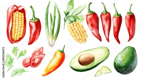 Wallpaper Mural A vibrant assortment of fresh vegetables including peppers, corn, tomatoes, and avocados, showcasing natural colors and freshness. Torontodigital.ca