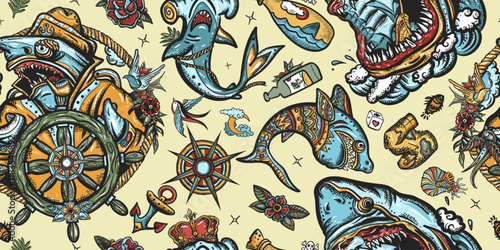 Sharks. Sea wolf, captain in the sea, sailor at helm. Great white shark and drowned ship. Old school tattoo seamless pattern. Underwater life