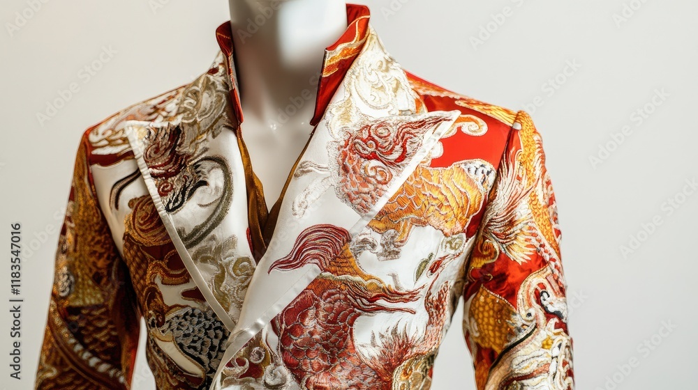 Mannequin dressed in a Chinese New Year mens suit with abstract gold and red patterns, framed by a soft off-white background. Mannequin dressed in a Chinese New Year mens suit with abstract gold and red patterns, framed by a soft off-white background.
