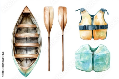 A vibrant illustration featuring a canoe, paddles, and life jackets, perfect for outdoor adventure themes. photo