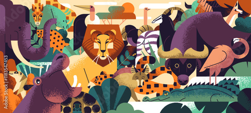Different geometric African animals banner. Savannah wildlife on art in geometry style. Stylized nature and fauna of Savanna: lion, elephant, hippo, giraffe, bull, flamingo. Flat vector illustration