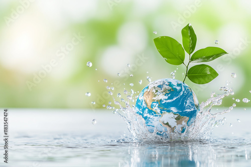 A blue planet with a leaf on top of it is surrounded by water