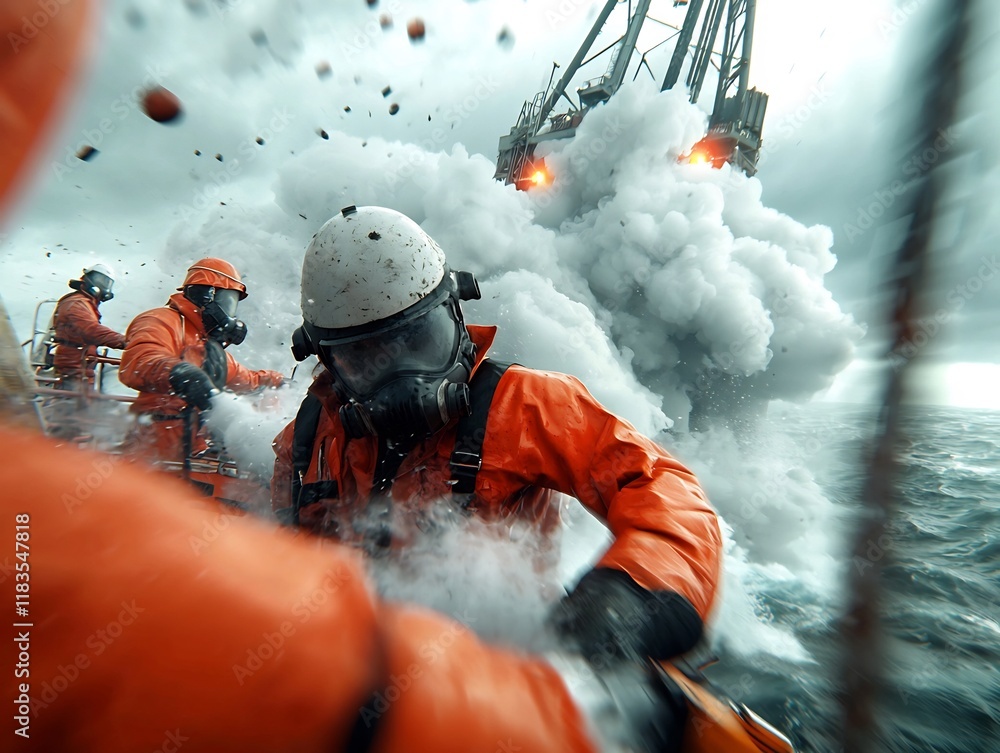 Offshore oil rig workers in protective gear performing an emergency safety drill in severe weather conditions with billowing smoke flashing warning lights crashing waves Offshore oil rig workers in protective gear performing an emergency safety drill in severe weather conditions with billowing smoke flashing warning lights crashing waves