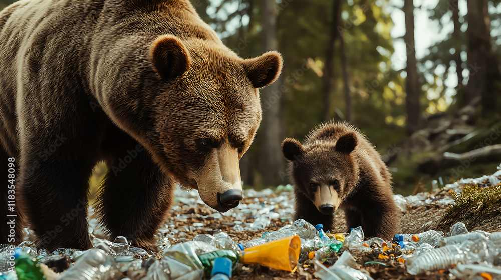 Obraz premium Close up of a big brown bear and son examining littered plastic waste in a forest, environmental impact resources on pollution