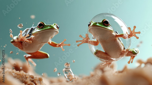 Frogs in space gear leaping joyfully on alien landscape photo