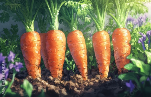 Five ripe orange carrots growing in a garden, surrounded by green leaves and purple flowers. photo