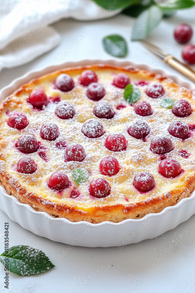 A white pie with a lot of berries on top and a lot of powdered sugar on top A white pie with a lot of berries on top and a lot of powdered sugar on top