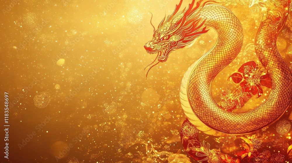 Shimmering gold background for Year of the Snake 2025, showcasing a dynamic snake design with intricate Chinese motifs and red highlights. Shimmering gold background for Year of the Snake 2025, showcasing a dynamic snake design with intricate Chinese motifs and red highlights.