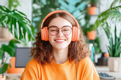 A girl wearing orange headphones and glasses is smiling