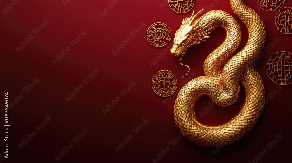 Stylish Chinese New Year wallpaper showcasing a golden snake intertwined with Chinese knots and zodiac symbols on a dark red background. Stylish Chinese New Year wallpaper showcasing a golden snake intertwined with Chinese knots and zodiac symbols on a dark red background.