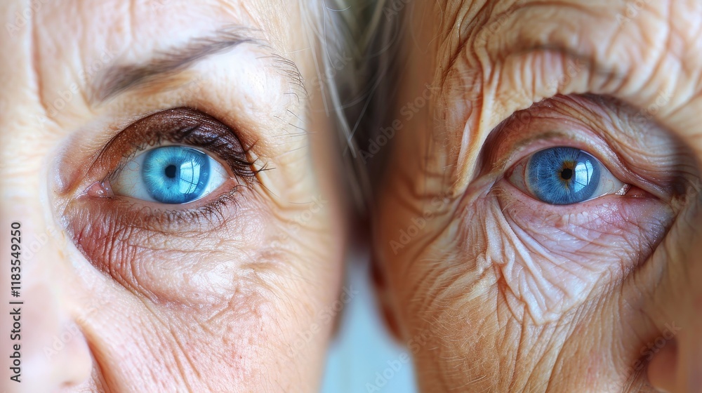 Juxtaposition of youthful and aged skin a close up of a woman s face highlighting wrinkles Juxtaposition of youthful and aged skin a close up of a woman s face highlighting wrinkles