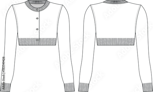 ribbed round neck cuff hem buttoned long sleeve cropped crop knitted cardigan sweater template technical drawing flat sketch cad mockup fashion woman design style model 
