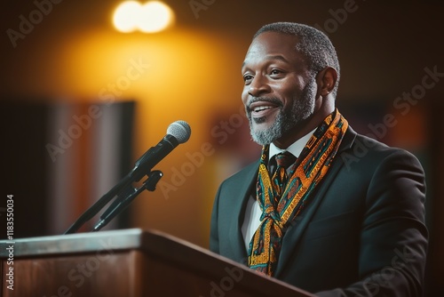 Smiling man delivers speech at podium with warm backlight photo