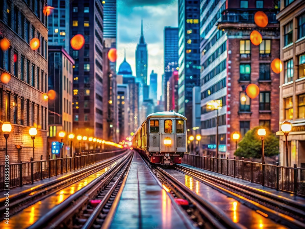 Chicago's elevated train, bokeh-filled, overcast backdrop, urban transit photography. Chicago's elevated train, bokeh-filled, overcast backdrop, urban transit photography.