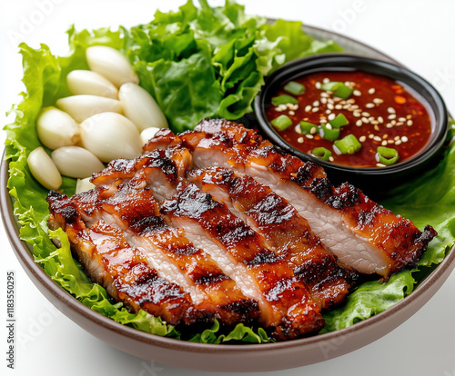 Grilled Samgyeopsal with Fresh Lettuce and Spicy Ssamjang Sauce photo