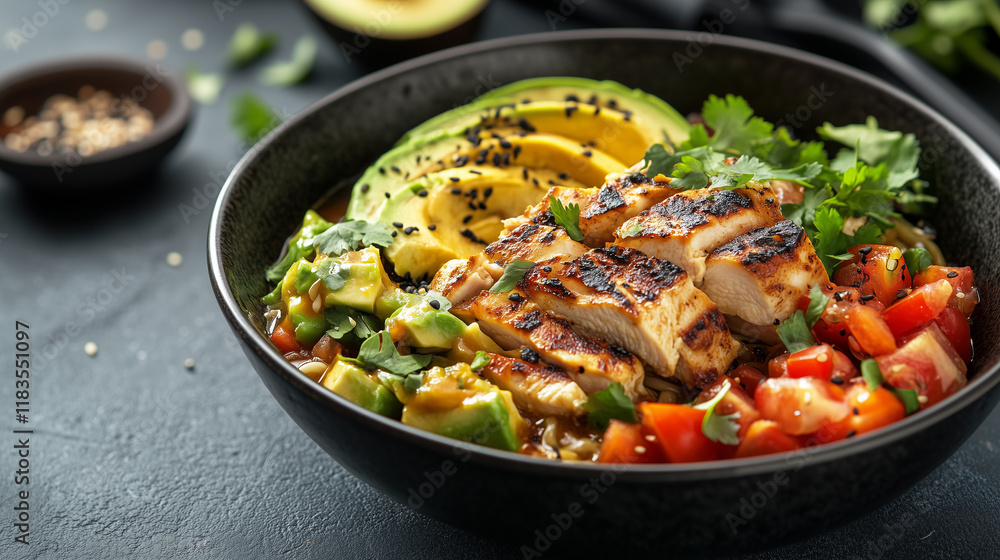 Grilled Chicken Ramen Bowl with Fresh Avocado and Tomatoes Grilled Chicken Ramen Bowl with Fresh Avocado and Tomatoes