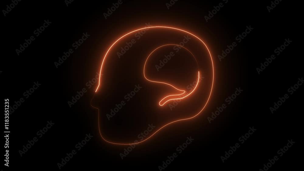 Glowing Neon Symbol of a Head from Side View with Brain Shape Inside, HD Motion Graphic Representing Cognitive Function and Mental Insight Glowing Neon Symbol of a Head from Side View with Brain Shape Inside, HD Motion Graphic Representing Cognitive Function and Mental Insight
