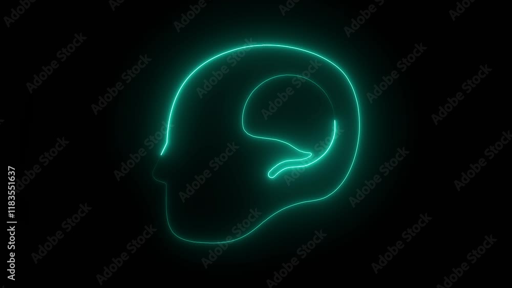 Glowing Neon Symbol of a Head from Side View with Brain Shape Inside, HD Motion Graphic Representing Cognitive Function and Mental Insight