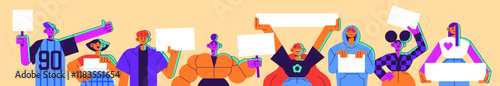 Banner with group of diverse people holding blank posters. Happy crowd with ad boards on presentation, showing promotion cards with empty background and place for text. Flat vector illustration