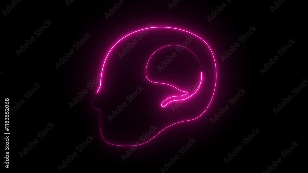 Glowing Neon Symbol of a Head from Side View with Brain Shape Inside, HD Motion Graphic Representing Cognitive Function and Mental Insight Glowing Neon Symbol of a Head from Side View with Brain Shape Inside, HD Motion Graphic Representing Cognitive Function and Mental Insight