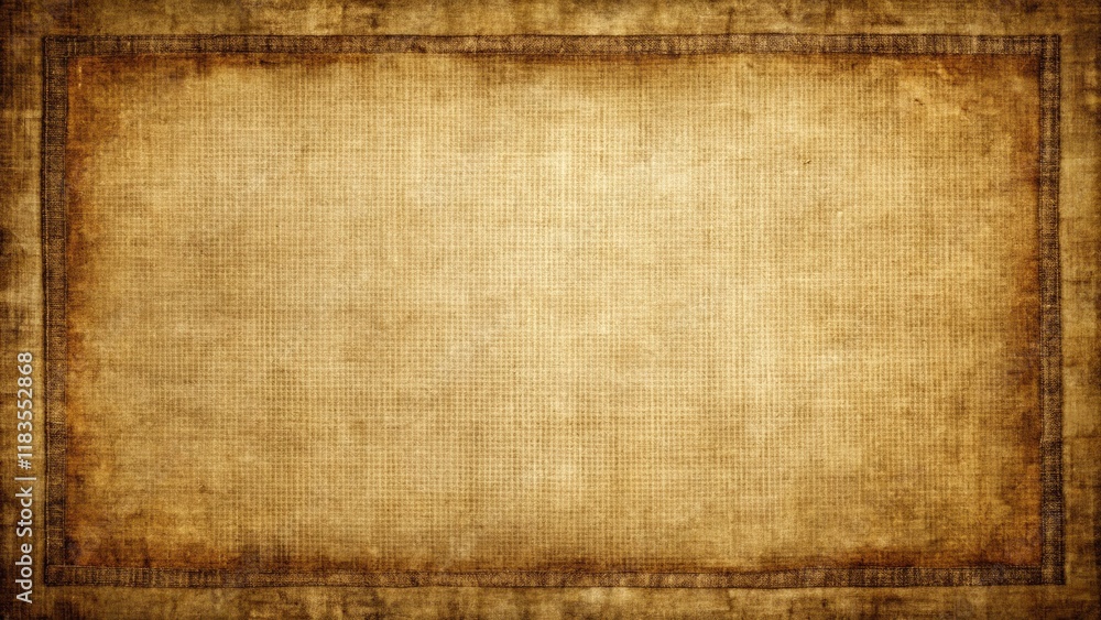 Fototapeta premium 8K 16:9 3D render. Grunge sepia backdrop: vintage linen texture, distressed burlap, weathered canvas, empty frame.