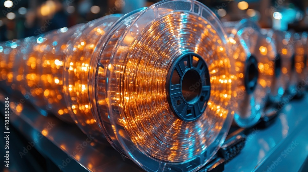 Close-up of multiple spools of orange filament for 3D printing. Close-up of multiple spools of orange filament for 3D printing.