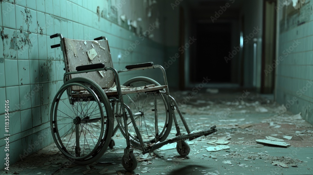 Obraz premium An abandoned wheelchair rests in a dimly lit, deteriorating hallway, surrounded by debris, evoking a sense of neglect and forgotten spaces.