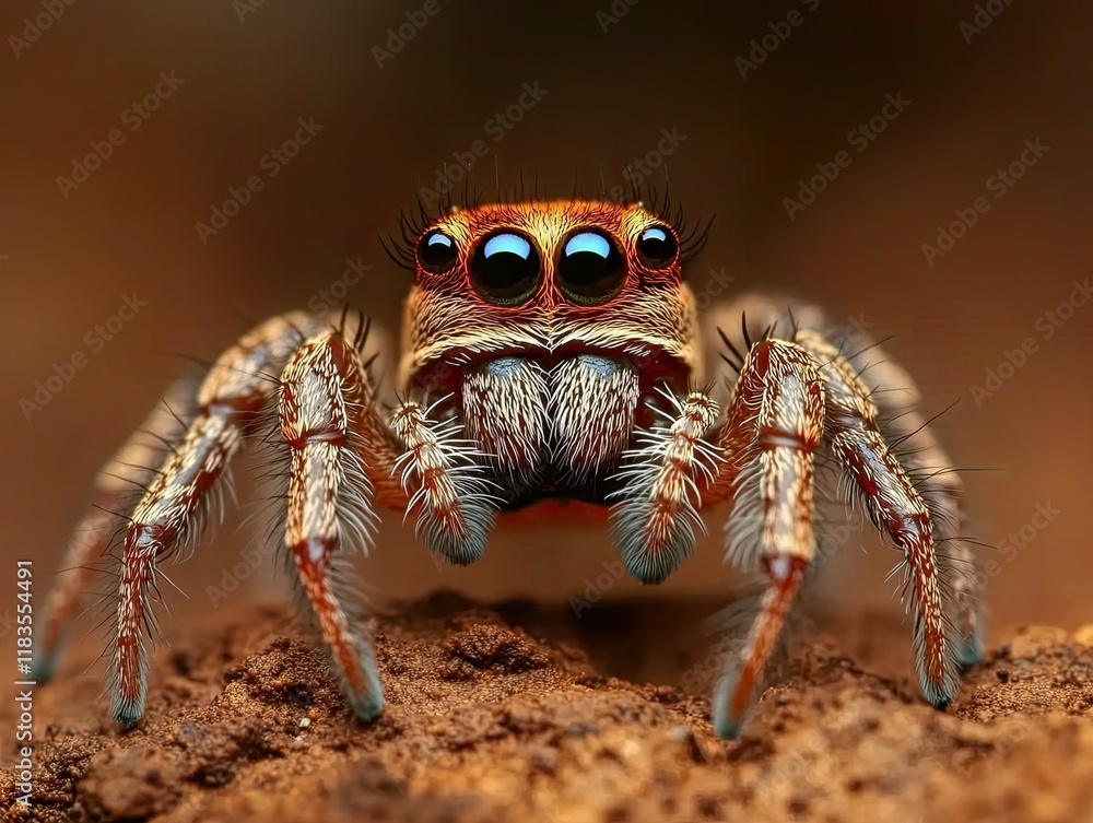 Jumping spider close-up, forest floor background, nature photography, wildlife image. Jumping spider close-up, forest floor background, nature photography, wildlife image.
