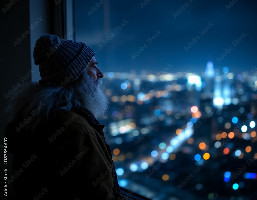 Night Cityscape: Contemplative Man Silhouette in Blue Hues Night Cityscape: Contemplative Man Silhouette in Blue Hues