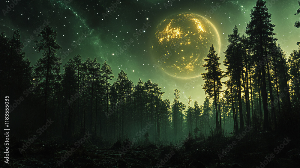 Fototapeta premium Majestic cosmic forest with bioluminescent glow illuminating distant planets 