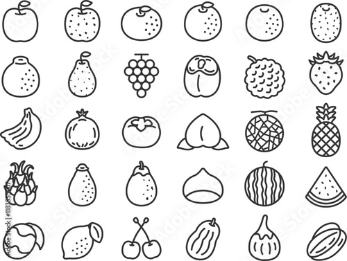 いろいろな、果物のアイコン（線画）のイラストセット