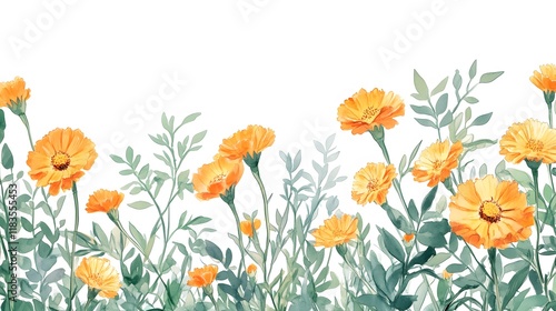 Wallpaper Mural Vibrant Watercolor Illustration of Yellow Flowers with Green Leaves on a White Background, Perfect for Print or Digital Design Projects Featuring Natural Beauty Torontodigital.ca