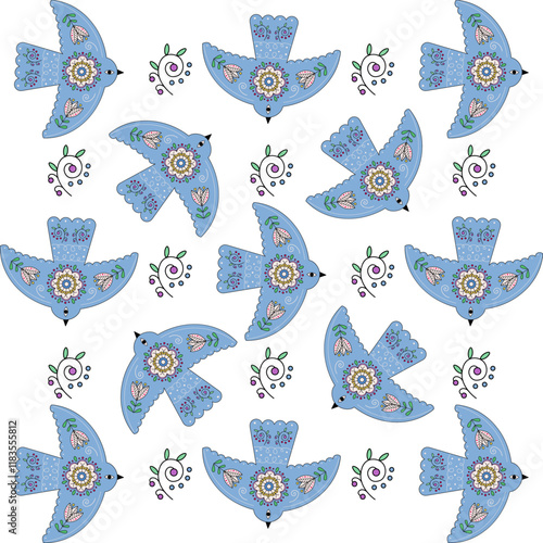 Bird pattern decorated with floral folk ornaments, endless texture