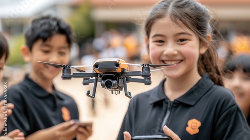 A young girl smiles while holding a smartphone, with a drone hovering in front of her, surrounded by peers in casual attire.