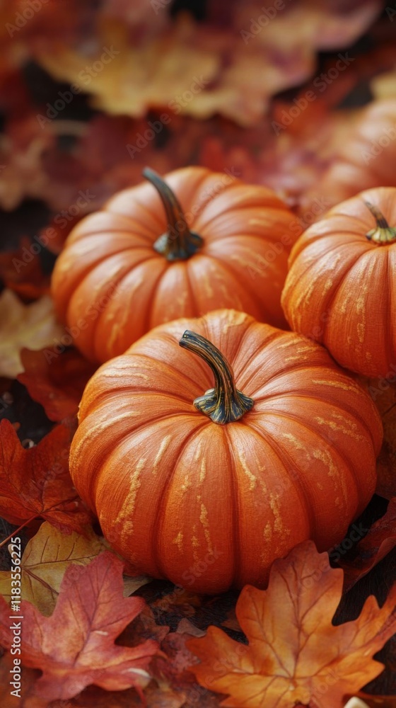 Pumpkins Rest on Autumn Leaves and Seasonal Harvest Decoration with Fall Colors and Festive Gourds. Pumpkins Rest on Autumn Leaves and Seasonal Harvest Decoration with Fall Colors and Festive Gourds.