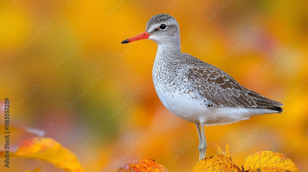 A spotted redshank bird stands on autumn leaves. A spotted redshank bird stands on autumn leaves.