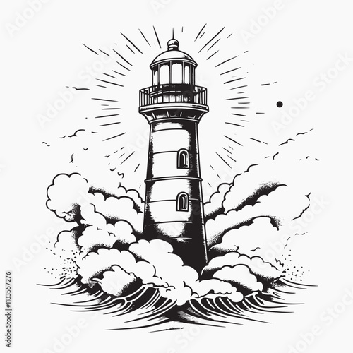 Vintage lighthouse amidst crashing waves, old school tattoo vector
