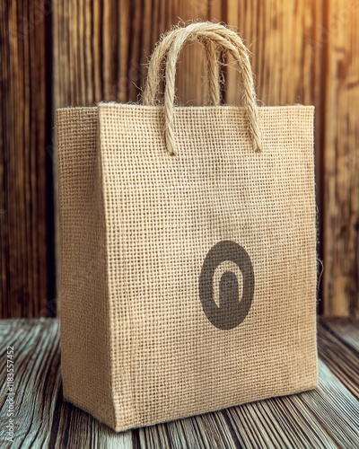 Rustic coffee bag mockup with logo on wooden background for branding design photo