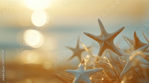 Starfish at sunset on beach; tranquil ocean scene; summer vacation. photo